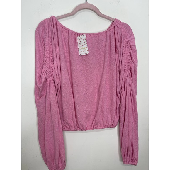 Free People In A Dream Ruched Linen Blend Crop Top in Pink Blouse Long Sleeve - Picture 5 of 7